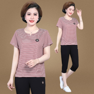 妈妈夏装短袖两件套洋气中老年人运动套装女2021新款中年时尚上衣