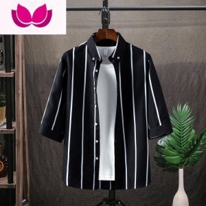 七斓条纹衬衫男夏季薄款短袖半袖衬衣韩版潮流休闲七分袖寸衫长袖上衣