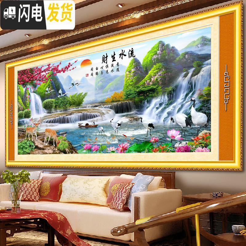 三维工匠钻石画2019新款满钻大幅客厅流水生财山水贴砖自己 [满钻]200*85cm[炫彩魔方AB钻][全部贴]多十字绣