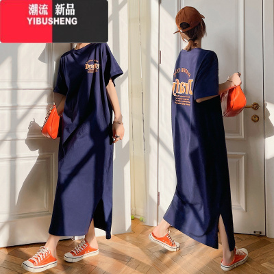YIBUSHENG天长t高级感过膝长款脚踝宽大码印花短袖孕妇懒人连衣裙女