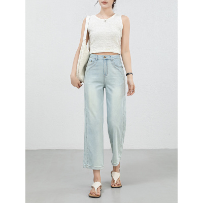 薄款浅色窄版阔腿牛仔裤女2025夏季小个子高腰休闲直筒裤