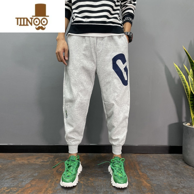YANXU新款潮牌卫裤男宽松休闲字母哈伦裤百搭灰色束脚运动九分裤