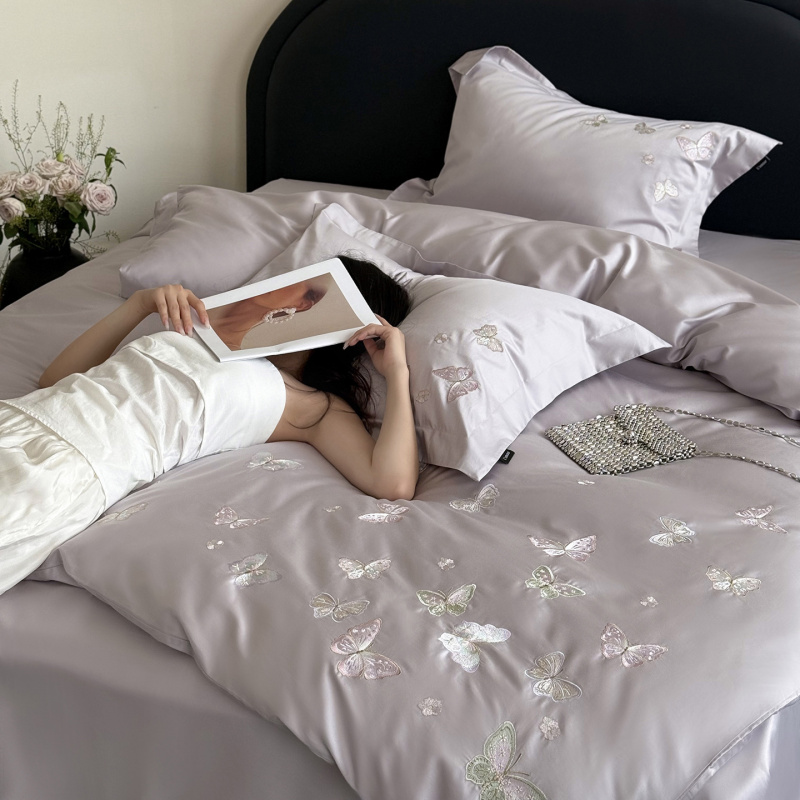 100S高支四件套刺绣花少女生三件套女孩家用纯棉床单床笠