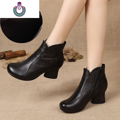 FISHBASKET妈妈棉鞋皮复古民族风短筒棉靴单靴中跟女鞋粗跟中年短靴靴子