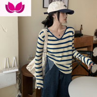 七斓别致小V领法式气质长袖T恤女坑条螺纹春撞色条纹打底衫上衣