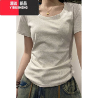 YIBUSHENG2023季新款棉质正肩短袖T恤女修身显瘦基础款穿搭港味chic上衣