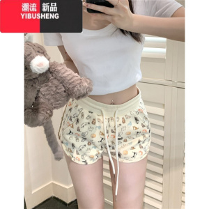 YIBUSHENG卡通小猫印花阔腿休闲裤女季新款松紧腰时尚百搭显瘦垂感短裤子