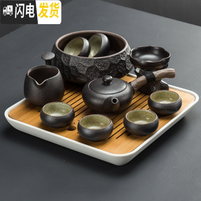 三维工匠日式功夫茶具套装整套茶盘家用简约陶瓷茶杯茶壶粗陶现公客厅 黑色枯木逢春10头+茶洗+茶盘