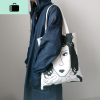 新款日韩文艺涂鸦女包简约百搭休闲大容量单肩帆布包学生书包布袋NEW LAKE 文艺涂鸦白单肩女手包