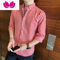 七斓衬衫男七分袖短袖韩版潮流休闲帅气条纹白衬衣夏季宽松长袖上衣港