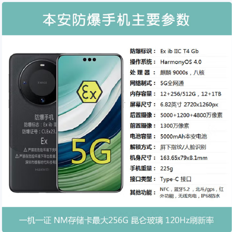 华为 mate60 Pro 512G 防爆手机 5000mAh 本安EX化工厂石油库天然气医药工业专用 防爆定制版(带证书)