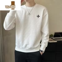 YANXU白色打底长袖卫衣男春季圆领刺绣上衣加绒潮流男装休闲高品质