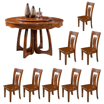 翌嘉 YJ3110407 实木餐桌圆盘餐桌椅组合1.5米圆桌8把餐椅