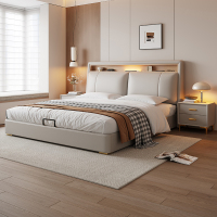 欧梵森轻奢奶油风真皮床主卧高端双人大床现代简约多功能夜灯储物床婚床