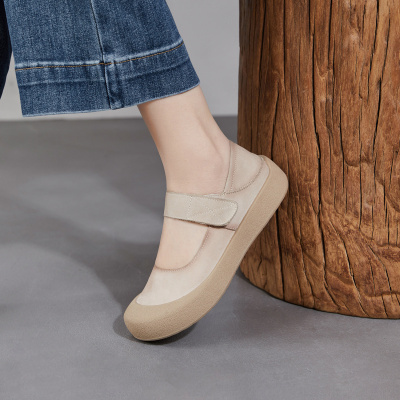 真皮复古勃肯鞋女2026春季新款一字带魔术贴玛丽珍鞋浅口平底单鞋