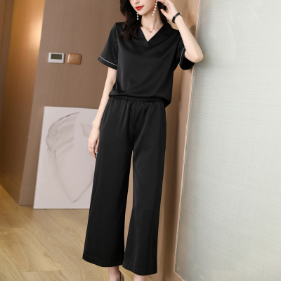 卡恋洛大码女装2021夏季时尚套装女V领松紧腰长裤两件套宽松舒适