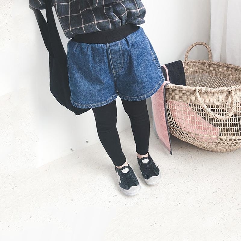 2018春季新款女童假两件全棉牛仔短裤打底裤宝宝长裤子