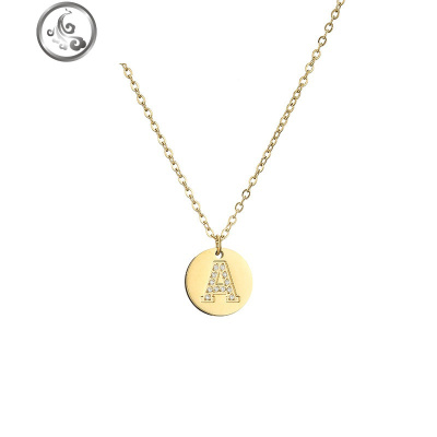 设计微镶锆石硬币26字母项链钛钢镀金锁骨链叠戴圆牌吊坠韩版颈链 JiMi