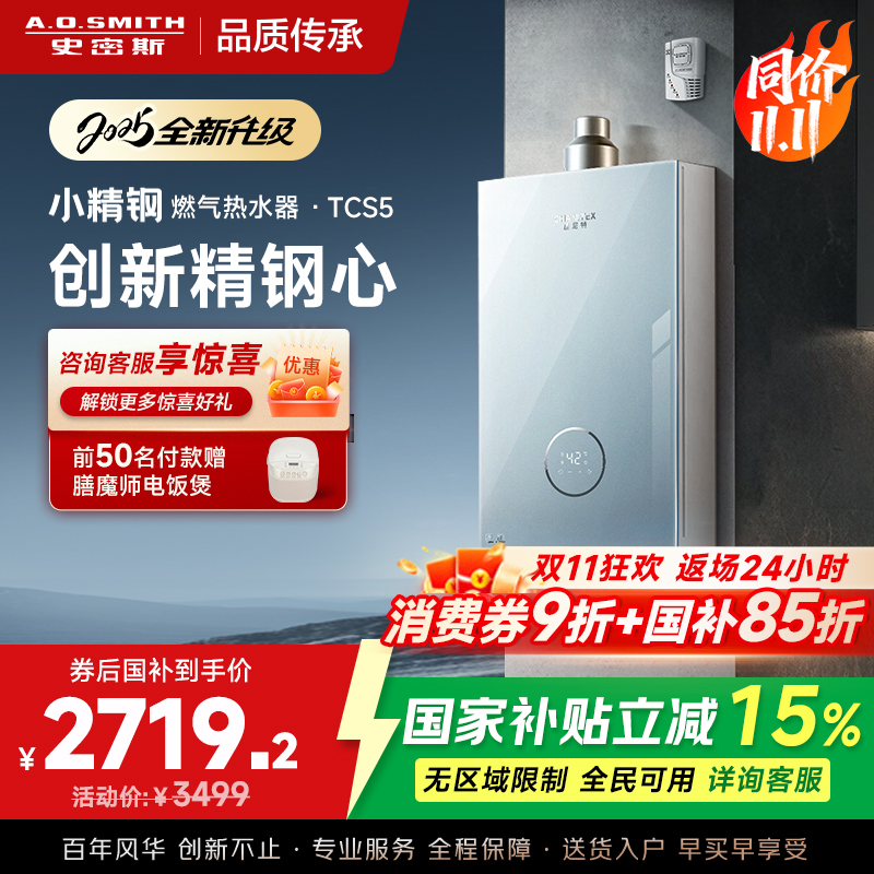 史密斯佳尼特[小精钢TCS5]16升精钢燃气热水器 国家补贴 JSQ31-TCS5 安全守护 持久恒温大水量 新品