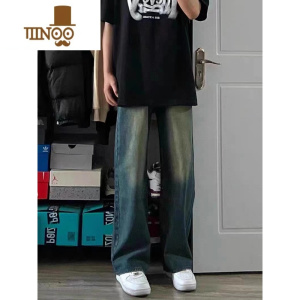 YANXU美式vibe复古做旧直筒牛仔裤男女款高街休闲夏季薄款宽松阔腿长裤