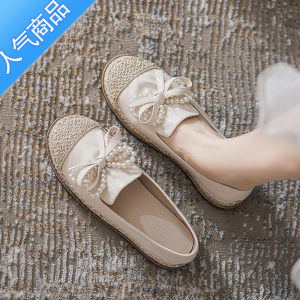 SUNTEK一脚蹬渔夫鞋女2023夏季新款厚底乐福鞋小香风珍珠蝴蝶结平底单鞋