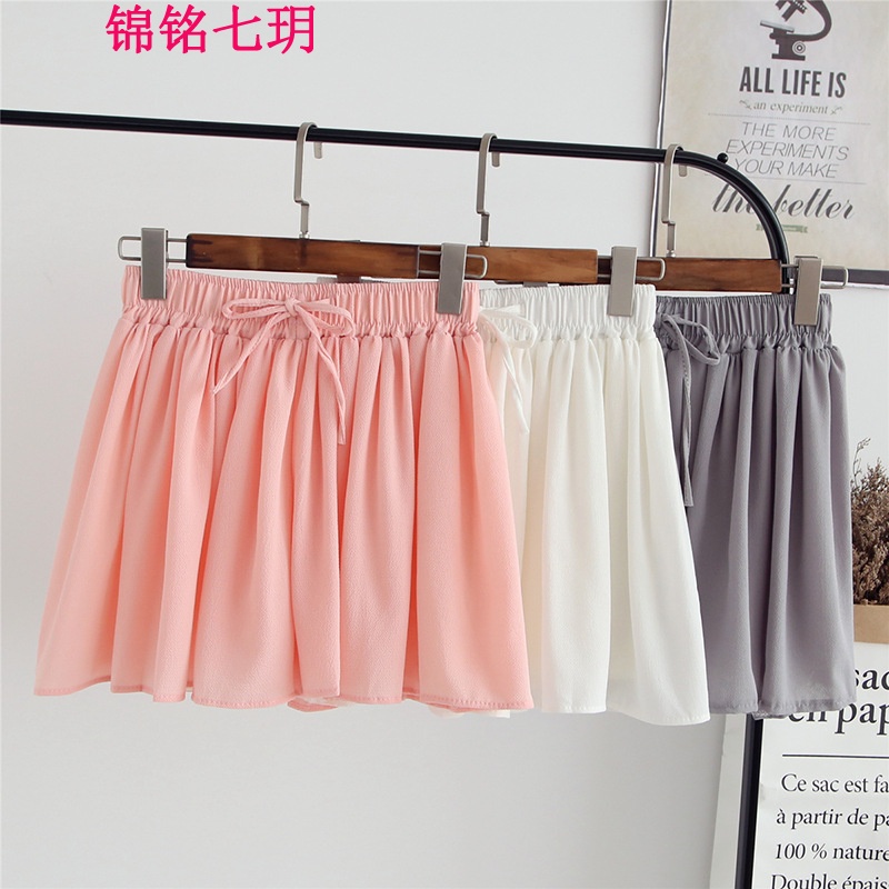 锦铭七玥夏季雪纺半身裙女大码短裤裙防走光百褶蓬蓬裙短裙裤碎花沙滩裙子