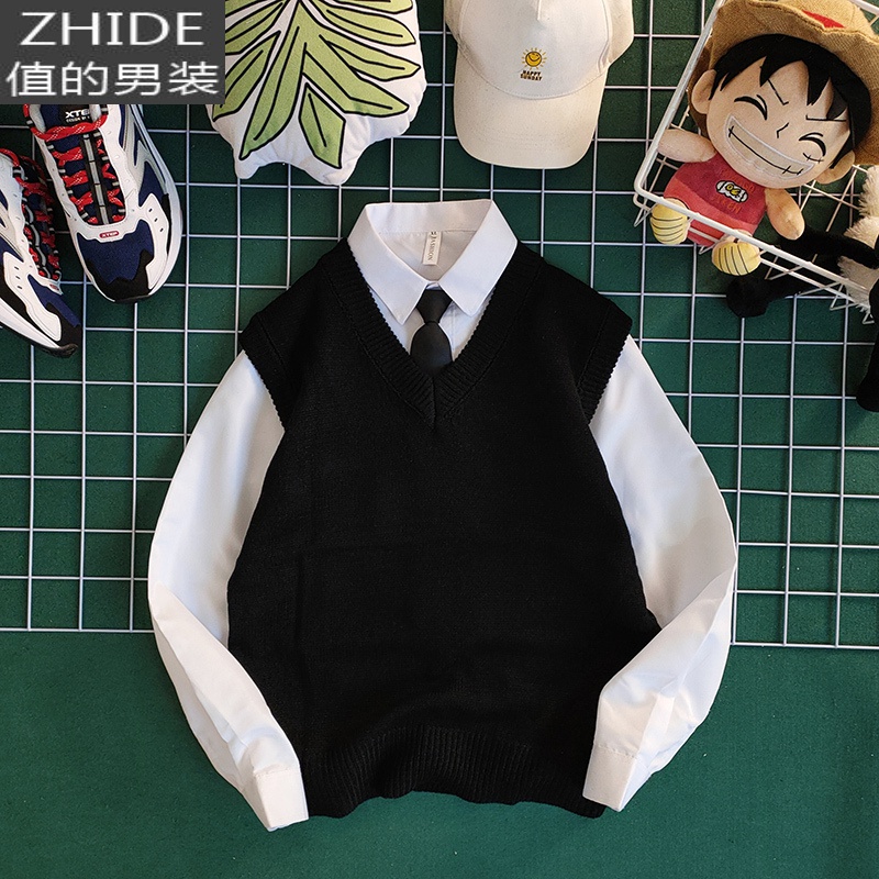 SUNTEK学院风dk毛衣背心男帅气百搭v领马甲针织衫潮流上衣修身制服外套马甲/背心