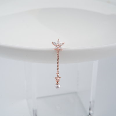 闪钻花朵星星中长链珍珠坠韩国进口气质耳骨钉旋转拧堵送女朋友老婆情人节七夕生日礼物