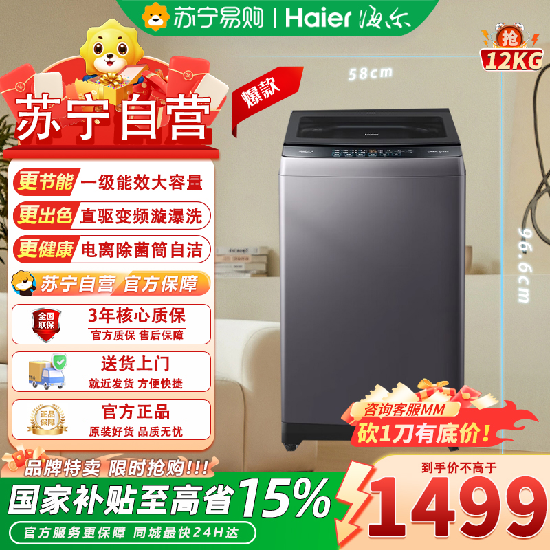 海尔(Haier)EB120B53Pro3 12公斤直驱变频 全自动一级能效 电离除菌智能预约安全童锁波轮洗衣机