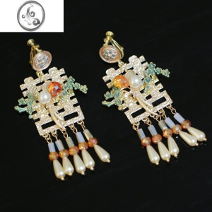 JiMi新款晨袍双喜字流苏耳环新中式古风个性气质耳夹款结婚跟妆配饰品 模特同款喜字耳环