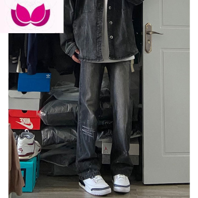 七斓美式高街vibe水洗黑色牛仔裤男复古印花泼墨阔腿宽松直筒拖地裤子