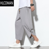 HLCOMAN亚麻九分裤男夏季中国风薄款冰丝沙滩短裤潮流开衩宽松阔腿灯笼裤