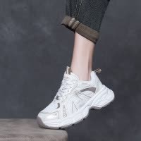 真皮网面老爹鞋女2025春季新款圆头松糕厚底防滑百搭休闲运动鞋潮