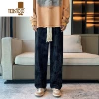 YANXU日系ulzzang满印灯芯绒裤子男直筒坠感休闲长裤高街ins潮牌阔腿裤