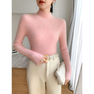 一线成衣七针加厚坑条山羊绒衫女秋冬半高领修身显瘦保暖针织毛衣