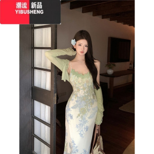 YIBUSHENG复古印花性感吊带连衣裙女季蕾丝拼接长裙露背收腰显瘦包臀裙子