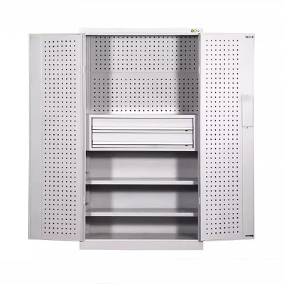 迅迈 带挂板内二抽灰白色加厚版 重型多功能工具柜车间双开门钢制柜工具五金收纳整理储物柜