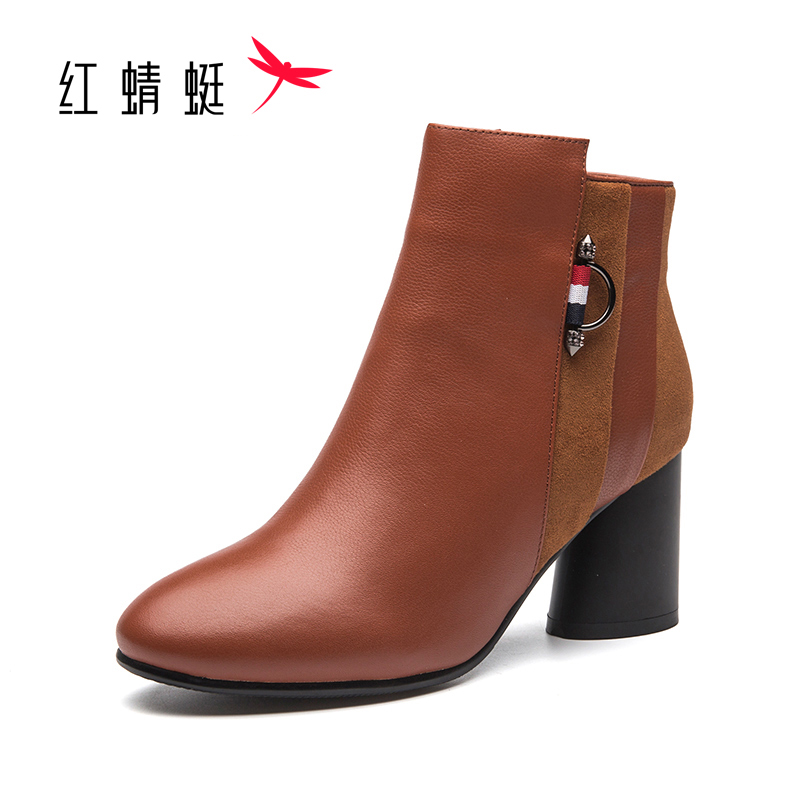 红蜻蜓短靴女冬季加绒保暖女靴牛皮粗跟欧美时尚百搭通勤高跟切尔西靴侧拉链牛皮短筒女靴子