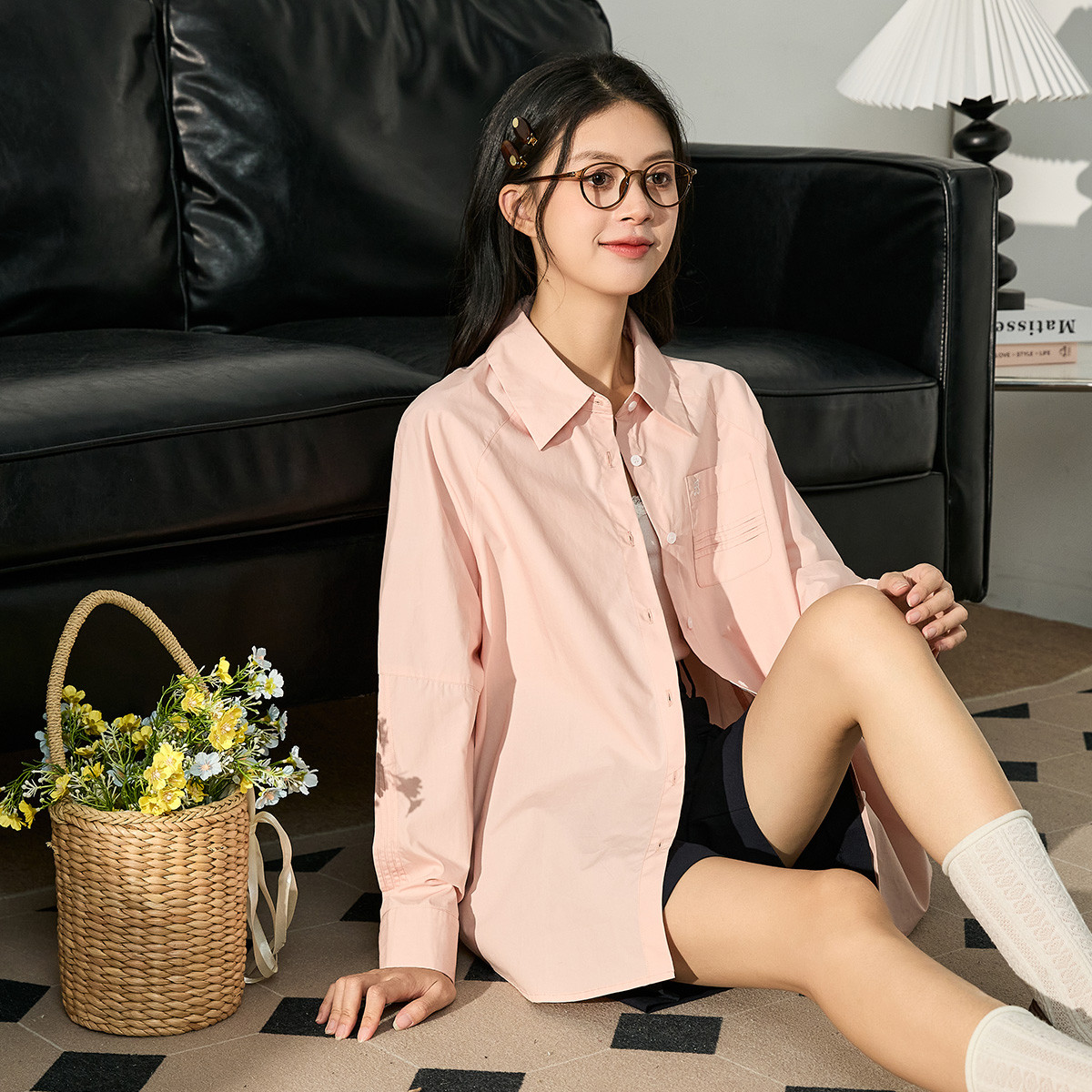 [1.5折价71元]唐狮女口袋绣花净色长袖衬衫温柔气质韩版时尚百搭