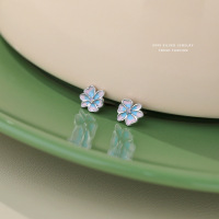 森系欧泊粉梦幻花朵耳钉女s999纯银小清新不对称滴胶足银耳饰百搭送女朋友老婆情人节七夕生日礼物