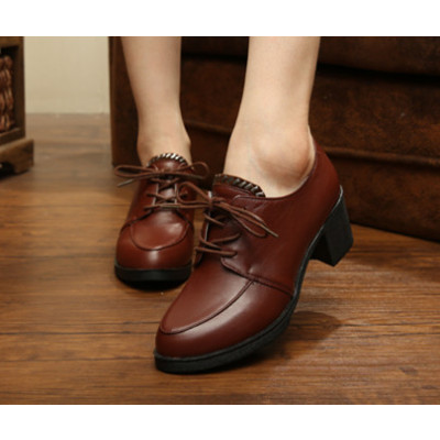 七色王国2020新款皮女鞋深口中跟系带单鞋皮粗跟圆头黑色工作正装皮鞋休闲鞋