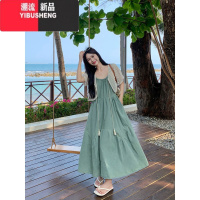 YIBUSHENG大码法式吊带连衣裙女季宽松收腰长裙胖MM设计感气质牛仔裙子