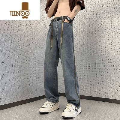 YANXU高街抽绳牛仔裤男士夏季日系潮牌街头复古宽松大码直筒休闲长裤子