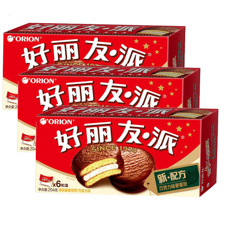 orion 好丽友派巧克力味6枚*3盒装儿童充饥糕点办公室下午茶零食点心