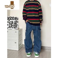 YANXU美式街头多口袋直筒牛仔裤男宽松古着vintage工装休闲阔腿裤长裤