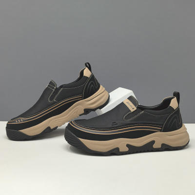 男士真皮百搭休闲鞋头层牛皮一脚蹬懒人鞋欧洲站厚底增高乐福鞋男