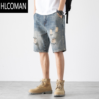HLCOMAN五分牛仔短裤男韩版破洞宽松修身夏季薄款七分休闲中裤复古大码潮