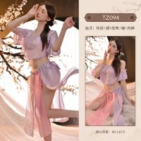 九里晴川古风情趣内衣古风轻薄汉服民国风诱惑刺绣免脱纯欲睡衣 九里晴川TZ094[古风套装-紫粉色] 均码
