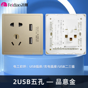 飞雕(FEIDIAO)开关插座 86型家用暗装超大面板PC支架 品意系列家用插座 品意金五孔带二位USB 3.1A