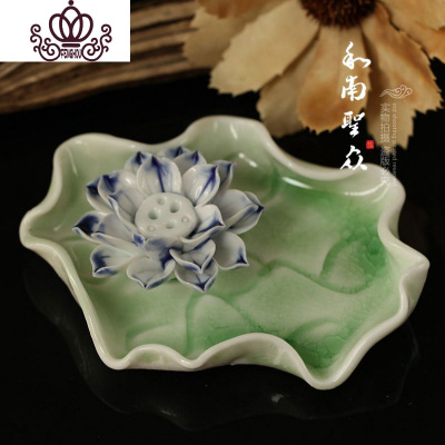 封后第2件半价家居办公室内茶道摆件沉檀香炉3孔陶瓷莲花线香插塔香盘浅绿底蓝莲香薰灯炉/器具